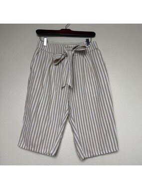 Zara High Waisted Tie-Top Beige & White Cotton Striped Shorts S